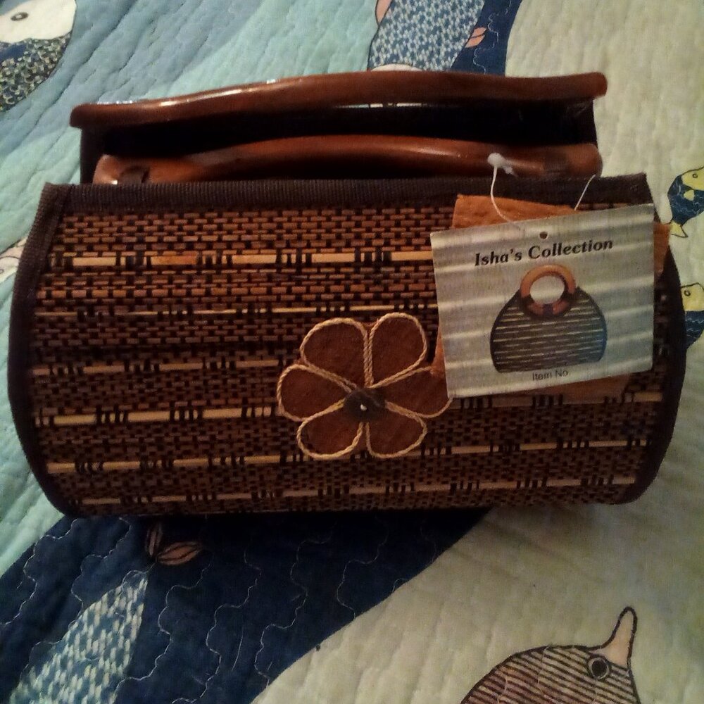 NWT Isha's Collection Handmade Bamboo Stick Bag Wood Handles Structured Bag
